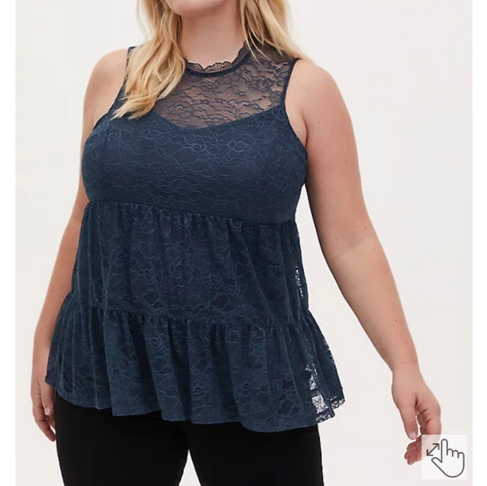 NAVY LACE MOCK NECK SHIRRED HEM SLEEVELESS TOP SIZE 1X NWT